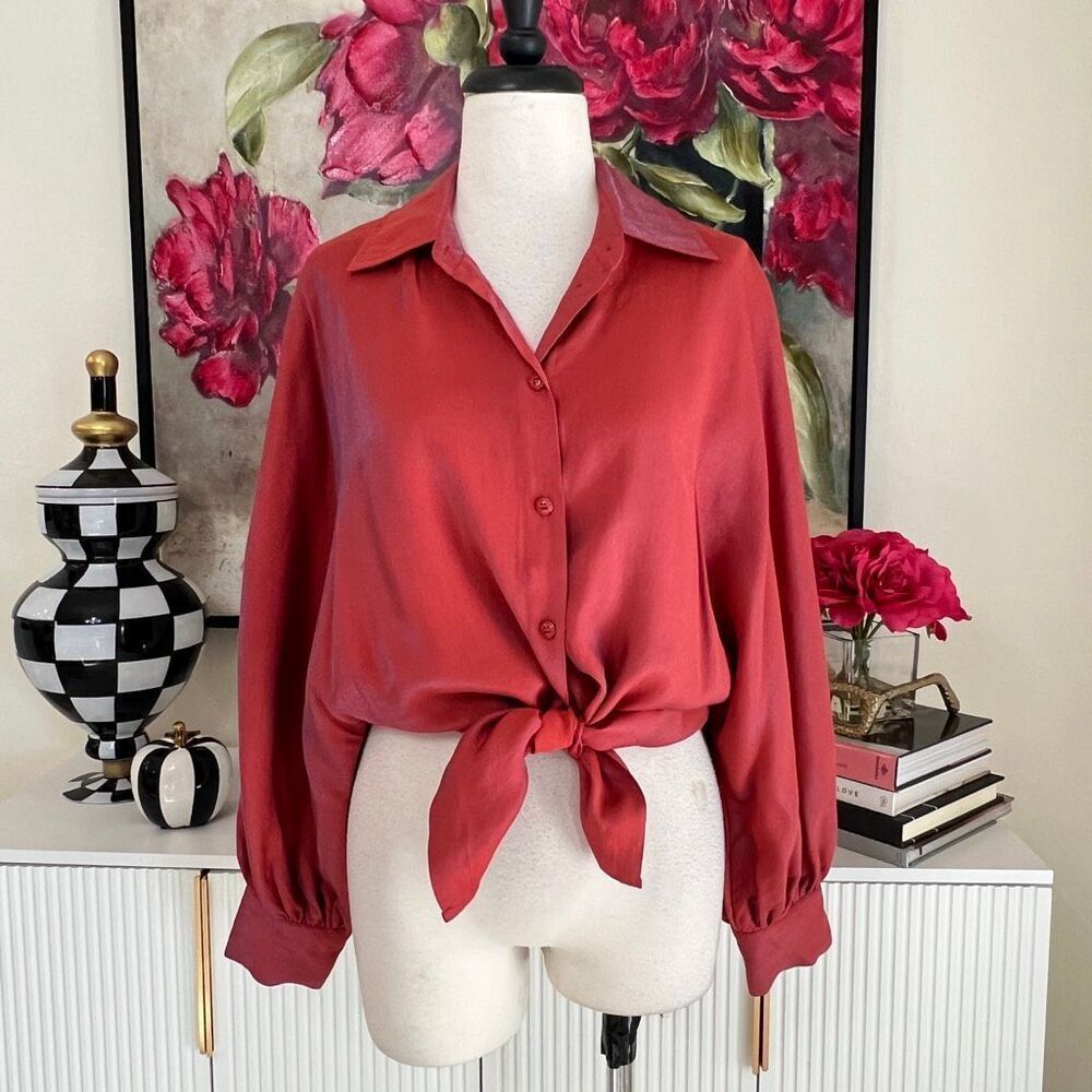 Glam Women's Long Sleeve Rayon Blend Button-up Shirt Blouse Red Small
